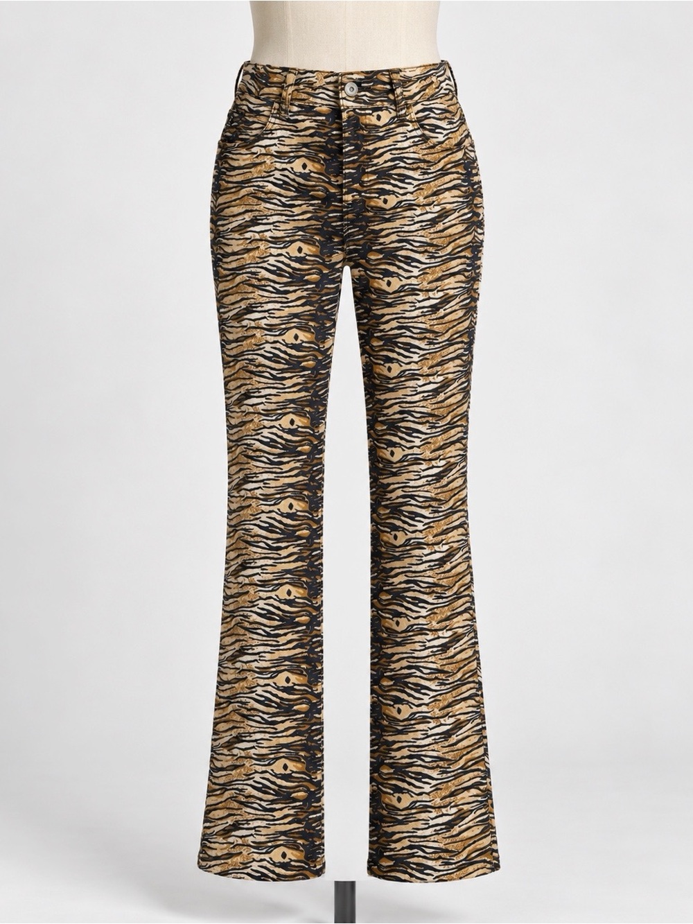 VTG Y2K Guess Woman Animal Tiger Print Stretch Leg Bootcut Jean US31 Boho Hippie